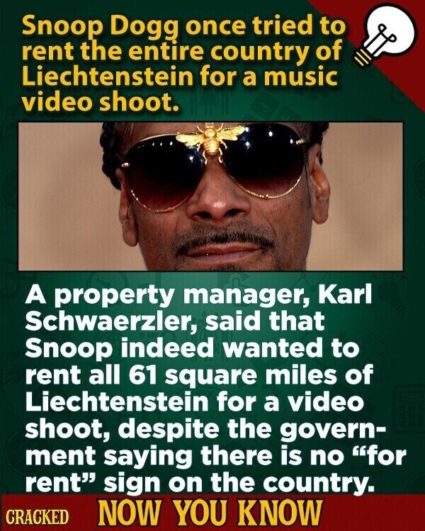 Snoop Dogg once tried to rent the entire country of Liechtenstein for a music video shoot. A property manager, Karl Schwaerzler, said that Snoop indeed wanted to rent all 61 square miles of Liechtenstein for a video shoot, despite the govern- ment saying there is no for rent sign on the country. CRACKED NOW YOU KNOW