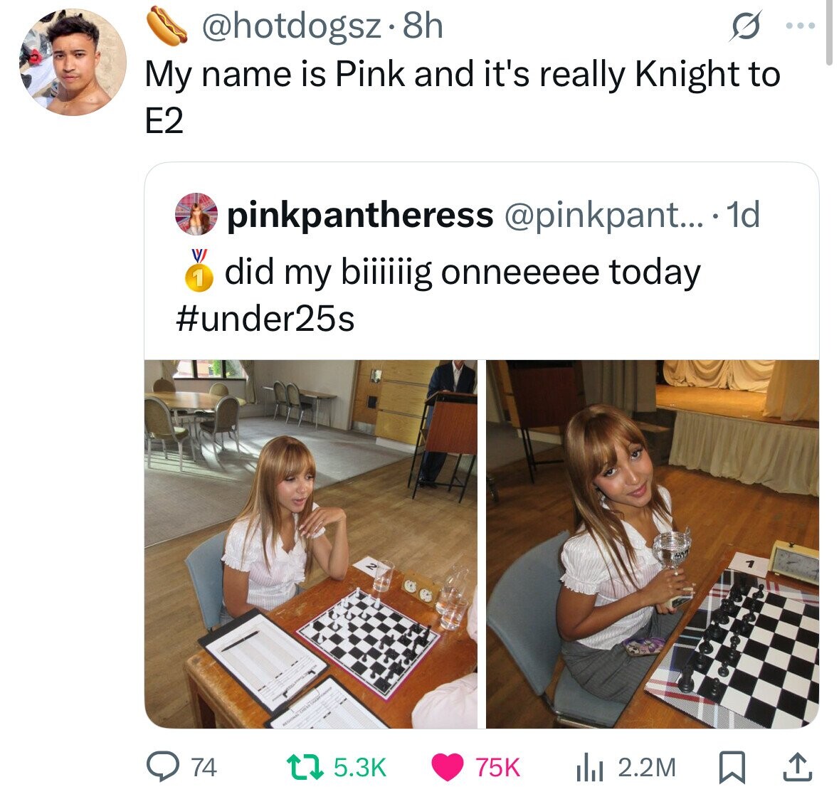 @hotdogsz.8 8h : My name is Pink and it's really Knight to E2 pinkpantheress @pinkpant... . 1 1d 1 did my biiiiiig onneeeee today #under25s Z 74 75K 5.3K del 2.2M