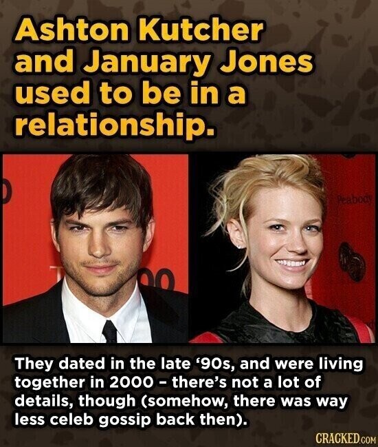 Ashton Kutcher and January Jones used to be in a relationship. Peabody They dated in the late '90s, and were living together in 2000 - there's not a lot of details, though (somehow, there was way less celeb gossip back then). CRACKED.COM