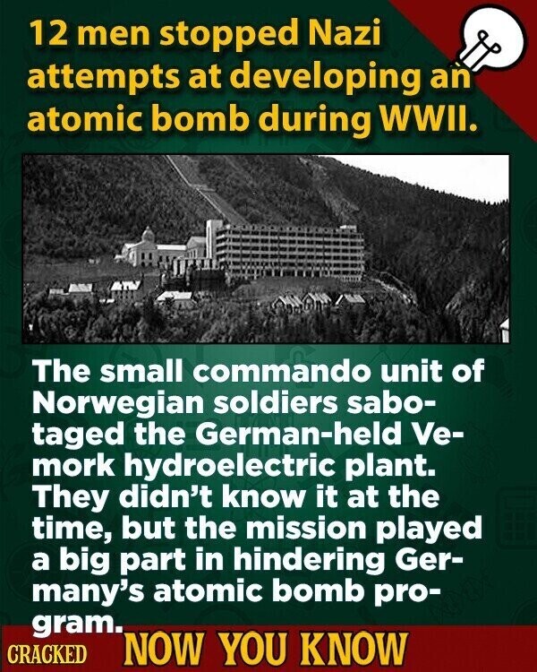 12 men stopped Nazi attempts at developing an atomic bomb during WWII. The small commando unit of Norwegian soldiers sabo- taged the German-held Ve- mork hydroelectric plant. They didn't know it at the time, but the mission played a big part in hindering Ger- many's atomic bomb pro- gram. CRACKED NOW YOU KNOW
