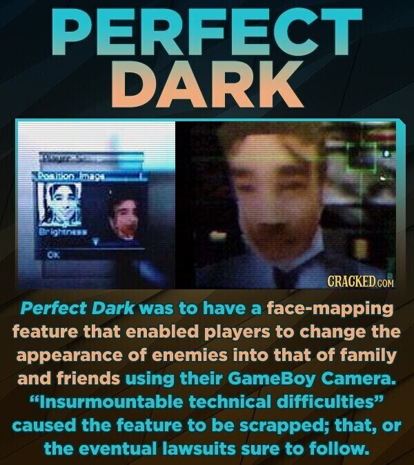 PERFECT DARK Position Image er ightness OK CRACKED.COM Perfect Dark was to have a face-mapping feature that enabled players to change the appearance of enemies into that of family and friends using their GameBoy Camera. Insurmountable technical difficulties caused the feature to be scrapped; that, or the eventual lawsuits sure to follow.
