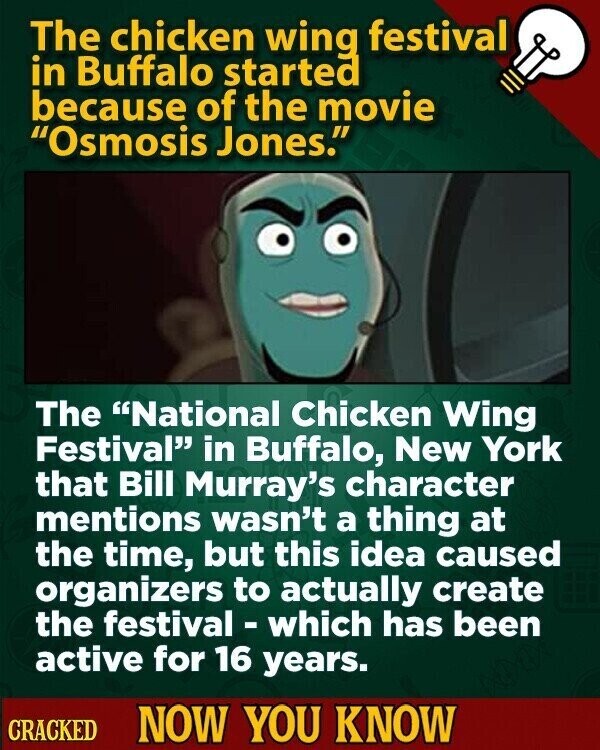 The chicken wing festival in Buffalo started because of the movie Osmosis Jones. The National Chicken Wing Festival in Buffalo, New York that Bill Murray's character mentions wasn't a thing at the time, but this idea caused organizers to actually create the festival - which has been active for 16 years. CRACKED NOW YOU KNOW