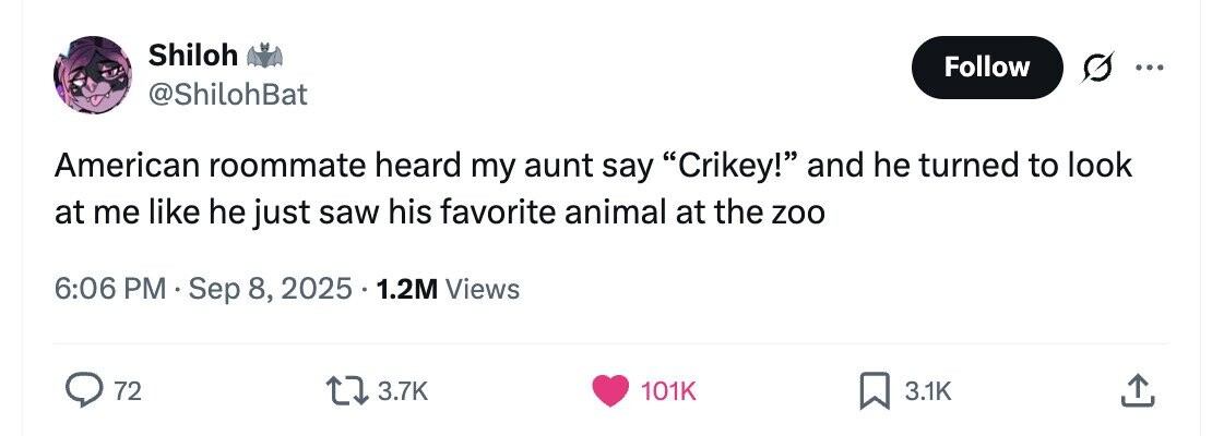 Shiloh Follow ... @ShilohBat American roommate heard my aunt say Crikey! and he turned to look at me like he just saw his favorite animal at the zoo 6:06 PM Sep 8, 2025 1.2M Views 72 3.7K 101K 3.1K