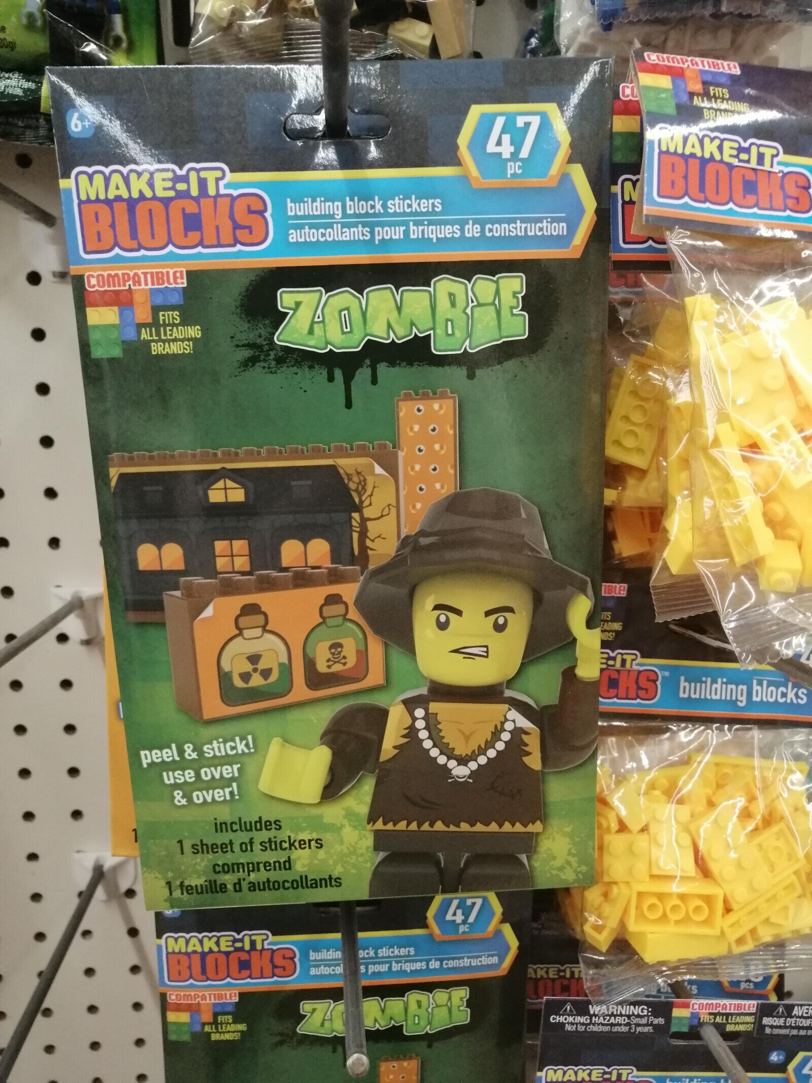 a 30g/ COMPATIBLE! CO FITS ALL LEADING BRANDA 6+ 47 MAKE-IT pc BLOCKS MAKE-IT M building block stickers BLOCKS autocollants pour briques de construction COMPATIBLE! FITS ALL LEADING BRANDS! ZOMBiE IBLE TTS EADING NOS! E-IT CKS building blocks peel & stick! use over & over! includes 1 sheet of stickers comprend 1 feuille d'autocollants 47 pc MAKE-IT ock stickers buildin BLOCKS autocol S pour briques de construction AKE-IT LOCK pcs S COMPATIBLE! ZO MBiE COMPATIBLE! WARNING: AVER FITS CHOKING HAZARD- -Small Parts FITS ALL LEADING RISQUE D'ETOUF ALL LEADING Not for children under 3 years. BRANDS! No convient pas aure BRANDS! MAKE-IT