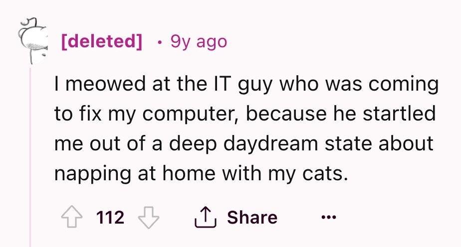  0 9y ago I meowed at the IT guy who was coming to fix my computer, because he startled me out of a deep daydream state about napping at home with my cats. 112 Share ... 