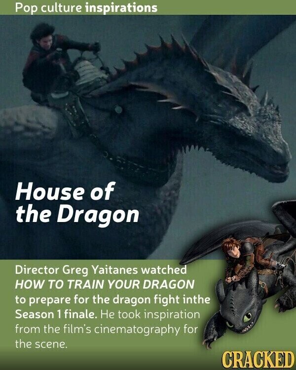 Pop culture inspirations House of the Dragon Director Greg Yaitanes watched HOW TO TRAIN YOUR DRAGON to prepare for the dragon fight inthe Season 1 finale. Не took inspiration from the film's cinematography for the scene. CRACKED