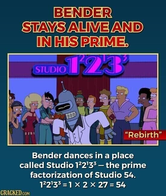 BENDER STAYS ALIVE AND IN HIS PRIME. STUDIO 123' Rebirth Bender dances in a place called Studio 122133-the prime factorization of Studio 54. 122133 = 1 x 2 x 27 = 54 CRACKED.COM