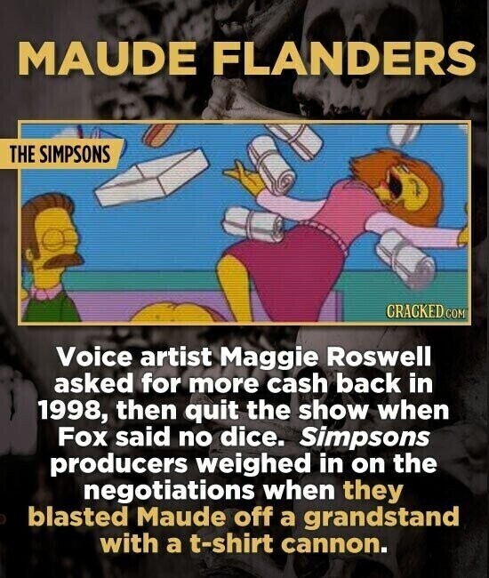 MAUDE FLANDERS THE SIMPSONS CRACKED.COM Voice artist Maggie Roswell asked for more cash back in 1998, then quit the show when Fox said no dice. Simpsons producers weighed in on the negotiations when they blasted Maude off a grandstand with a t-shirt cannon.