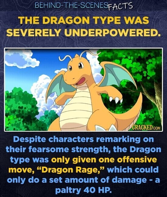 BEHIND-THE-SCENESFACTS THE DRAGON TYPE WAS SEVERELY UNDERPOWERED. CRACKED.COM Despite characters remarking on their fearsome strength, the Dragon type was only given one offensive move, Dragon Rage, which could only do a set amount of damage-a paltry 40 HP.