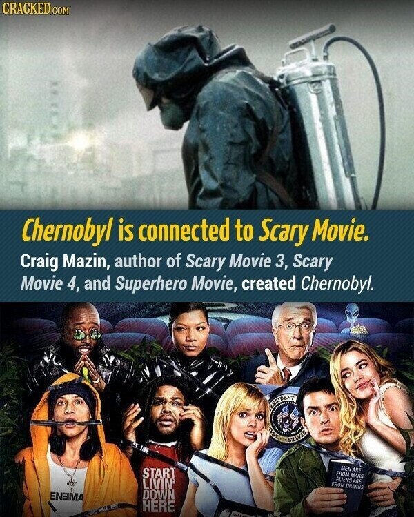 CRACKED.COM Chernobyl is connected to Scary Movie. Craig Mazin, author of Scary Movie 3, Scary Movie 4, and Superhero Movie, created Chernobyl. RESIDENT SALVA MEN ARE START FROM MARS ALIENS ARE LIVIN' FROM URANUS DOWN ENEMA HERE