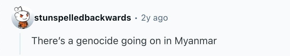 stunspelledbackwards . 2y ago There's a genocide going on in Myanmar 