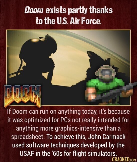 Doom exists partly thanks to the U.S. Air Force. DOOM If Doom can run on anything today, it's because it was optimized for PCs not really intended for anything more graphics-intensive than a spreadsheet. To achieve this, John Carmack used software techniques developed by the USAF in the '60s for flight simulators. CRACKED.COM