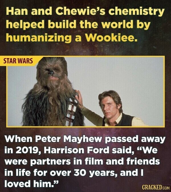Han and Chewie's chemistry helped build the world by humanizing a Wookiee. STAR WARS When Peter Mayhew passed away in 2019, Harrison Ford said, We were partners in film and friends in life for over 30 years, and I loved him. CRACKED.COM