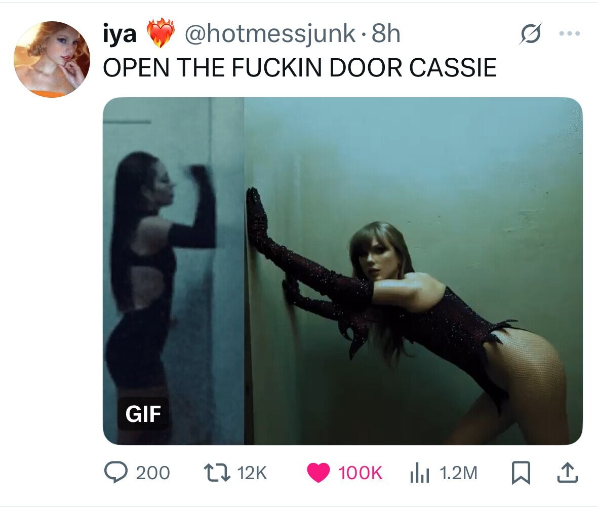 iya @hotmessjunk.8h ... OPEN THE FUCKIN DOOR CASSIE GIF 200 12K 100K 1.2M 