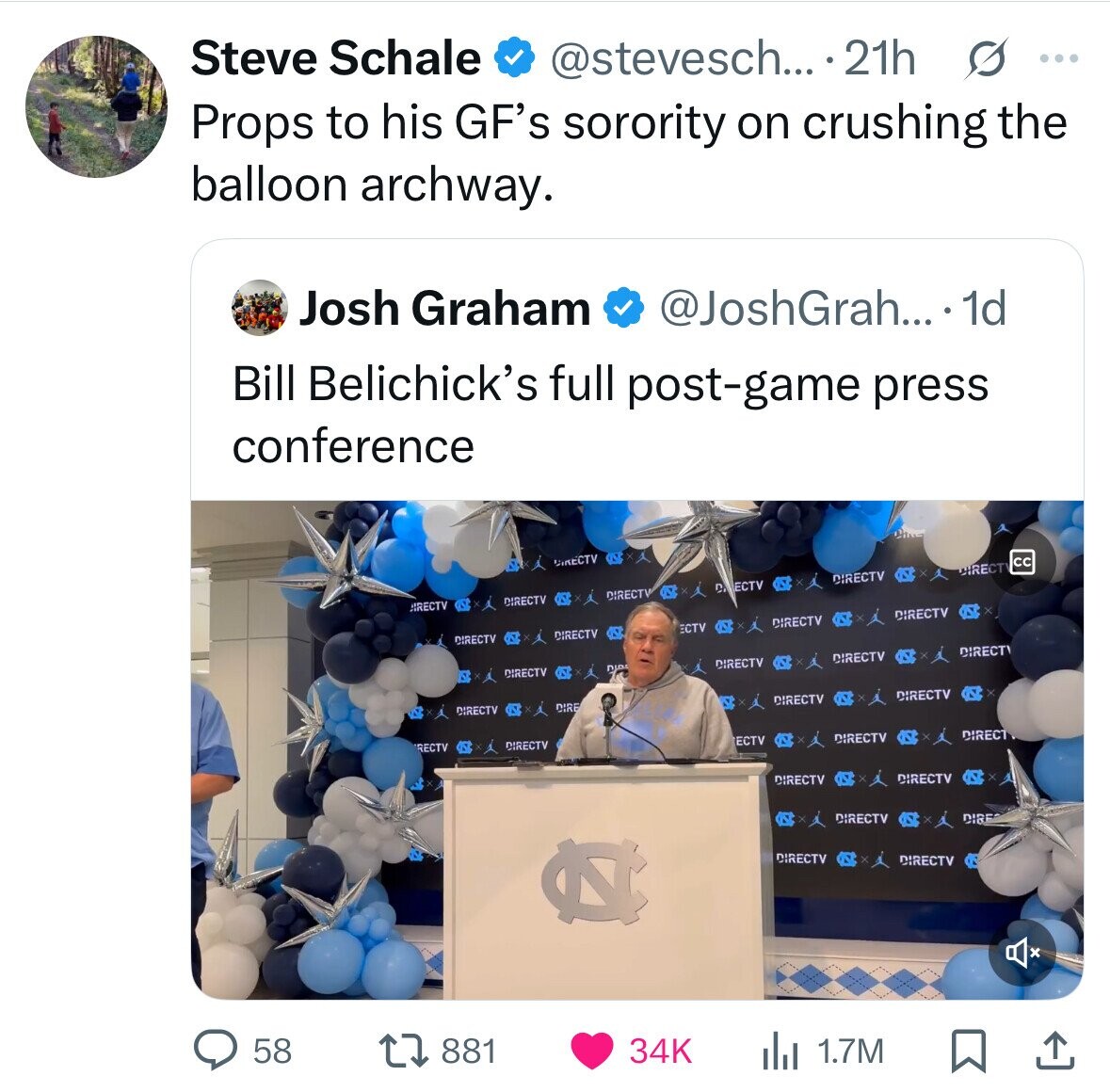 Steve Schale @stevesch... .21h s ... Props to his GF's sorority on crushing the balloon archway. Josh Graham @JoshGrah... 1d Bill Belichick's full post-game press conference DIRECTV cc DIRECT DIRECTV D ECTV DIRECTV DIRECTV DIRECTV DIRECTV DIRECTV ECTV DIRECTV DIRECTV DIRECT DIRECTV DIRECTV DIRECTV PIP DIRECTV DIRECTV DIRE DIRECTV RECTV DIRECTV ECTV DIRECTV DIRECT DIRECTV DIRECTV DIRECTV DIRE DIRECTV DIRECTV 58 881 34K 1.7M 