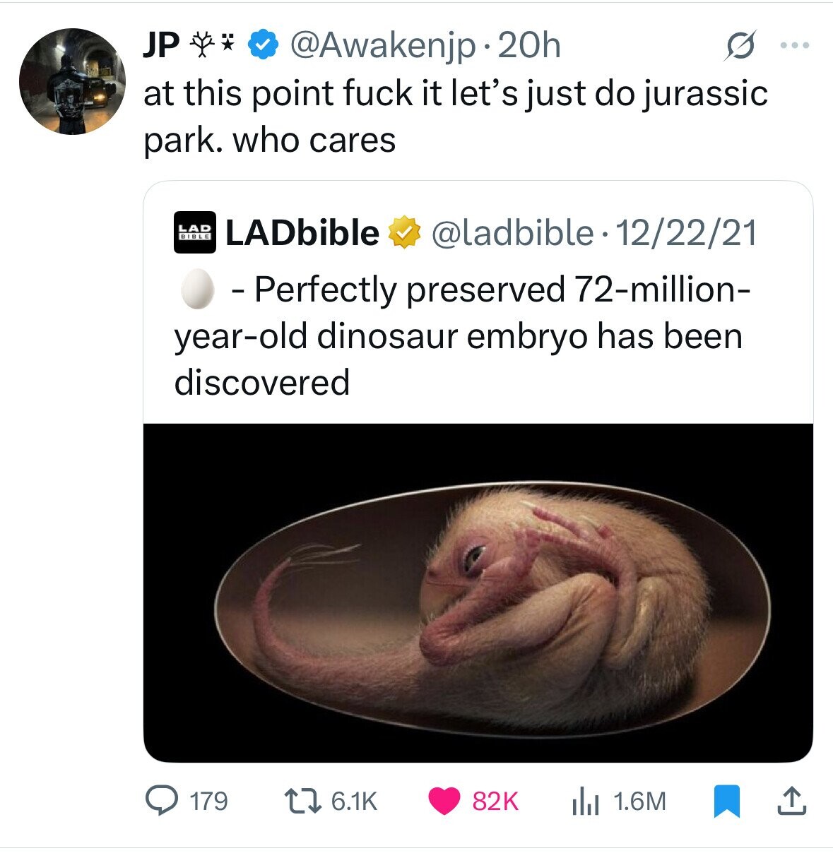 JP @Awakenjp 20h ... at this point fuck it let's just do jurassic park. who cares LAD BIBLE LADbible @ladbible-12/22/21 - Perfectly preserved 72-million- year-old dinosaur embryo has been discovered 179 6.1K 82K 1.6M