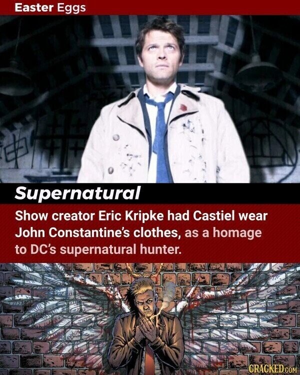 Easter Eggs Supernatural Show creator Eric Kripke had Castiel wear John Constantine's clothes, as a homage to DC's supernatural hunter. GRACKED COM