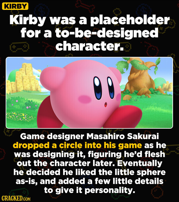 KIRBY Kirby was a placeholder for a to-be-designed + character. Game designer Masahiro Sakurai dropped a circle into his game as he was designing it, figuring he'd flesh out the character later. Eventually he decided he liked the little sphere as-is, and added a few little details to give it personality. CRACKED.COM