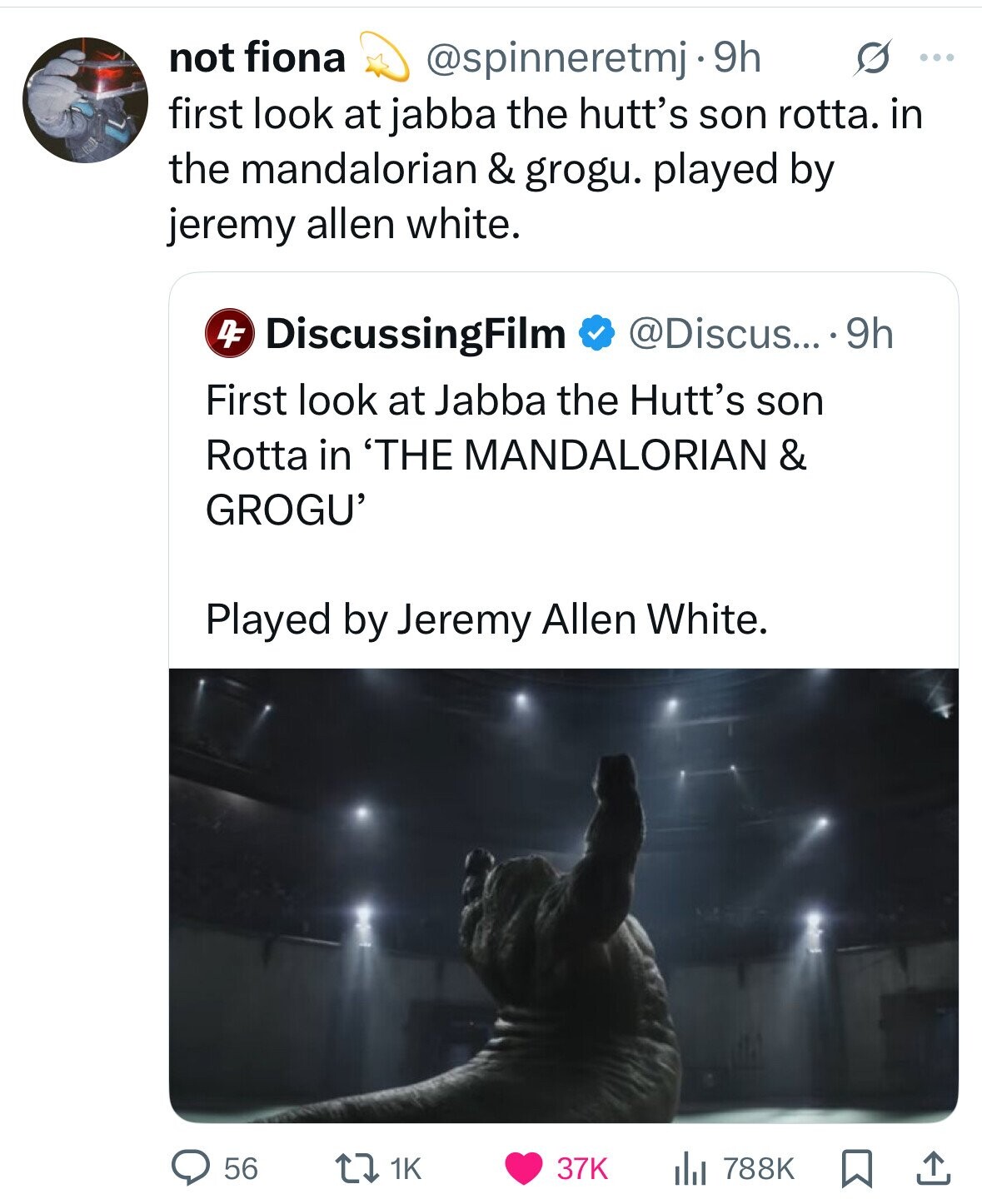 not fiona @spinneretmj.9h s ... first look at jabba the hutt's son rotta. in the mandalorian & grogu. played by jeremy allen white. DF DiscussingFilm @Discus... 9h First look at Jabba the Hutt's son Rotta in 'THE MANDALORIAN & GROGU' Played by Jeremy Allen White. 56 1K 37K 788K 