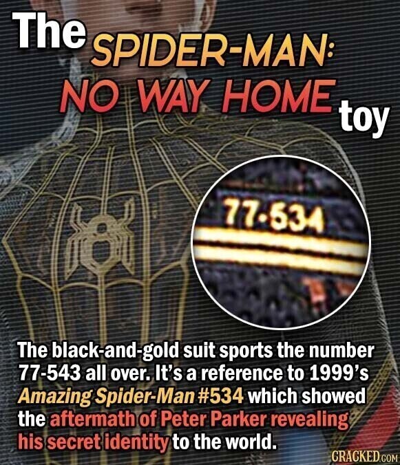 The SPIDER-MAN: NO WAY HOME toy 77-534 The black-and-gold suit sports the number 77-543 all over. It's a reference to 1999's Amazing Spider-Man #534 which showed the aftermath of Peter Parker revealing his secret identity to the world. CRACKED.COM