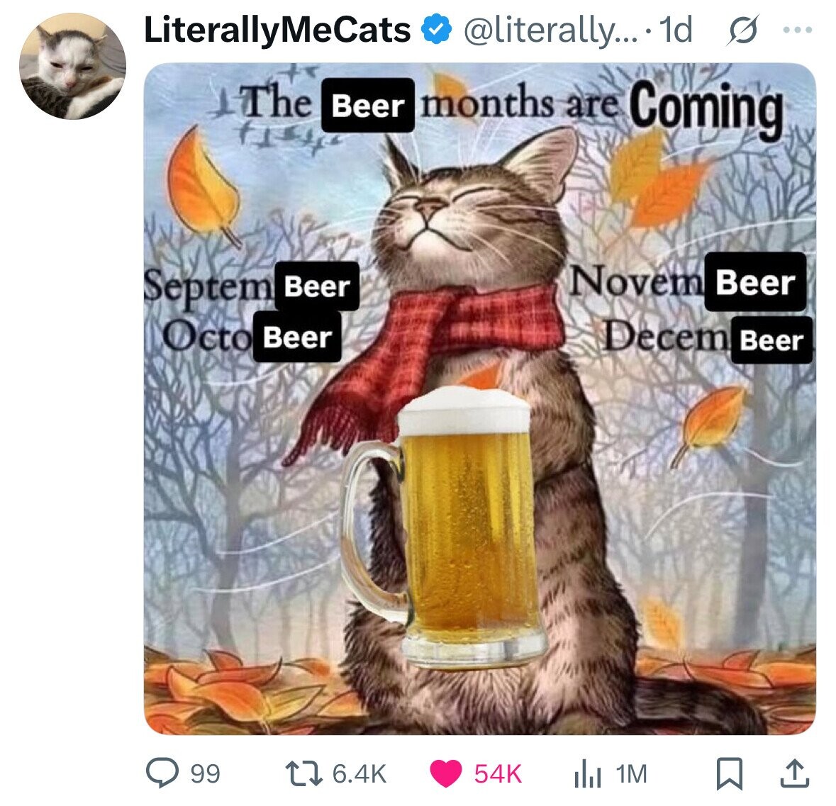 LiterallyMeCats @literally... 1d s ... The Beer months are Coming Novem Beer Septem Beer Octo Beer Decem Beer 99 6.4K 54K 1M 