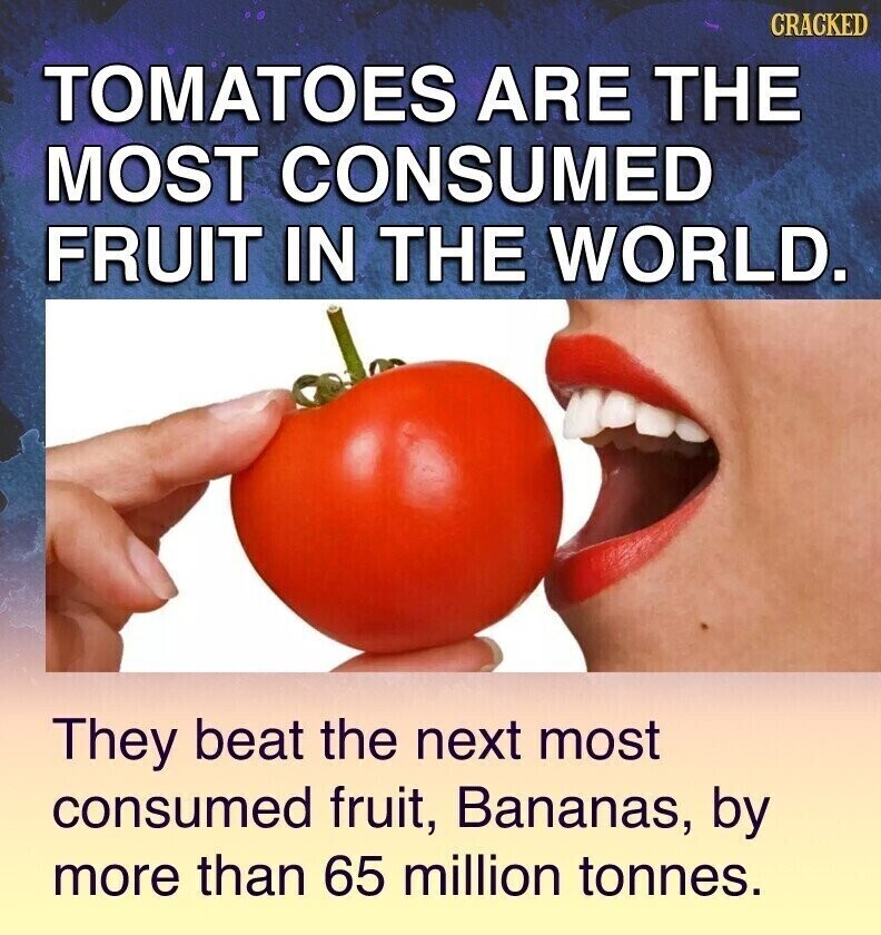 CRACKED TOMATOES ARE THE MOST CONSUMED FRUIT IN THE WORLD. They beat the next most consumed fruit, Bananas, by more than 65 million tonnes.