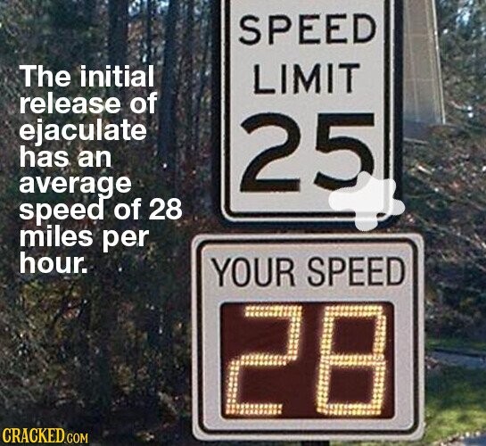 SPEED The initial LIMIT release of ejaculate has an 25 average speed of 28 miles per hour. YOUR SPEED 28 CRACKED.COM
