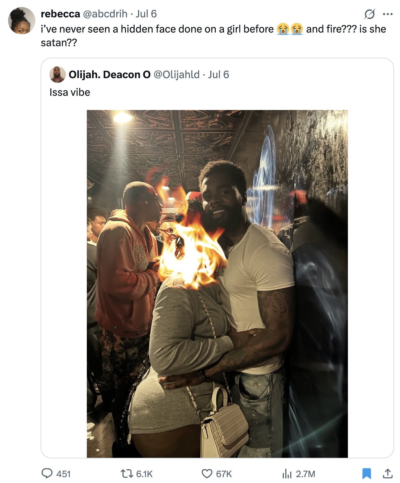 rebecca @abcdrih Jul 6 G ... i've never seen a hidden face done on a girl before and fire??? is she satan?? Olijah. Deacon o @Olijahld . _ Jul 6 Issa vibe 451 6.1K 67K del 2.7M