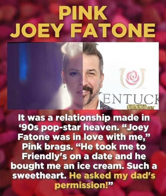 PINK JOEY FATONE @ TM ENTUCK GRAGKED.COM It was a relationship made in '90s pop-star heaven. Joey Fatone was in love with me, Pink brags. Не took me to Friendly's on a date and he bought me an ice cream. Such a sweetheart. Не asked my dad's permission!