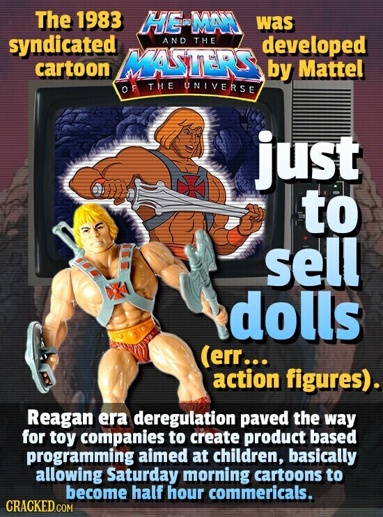 The 1983 HE-MAN was syndicated AND THE developed cartoon MASTERS by Mattel OF THE UNIVERSE just to sell dolls (err... action figures). Reagan era deregulation paved the way for toy companies to create product based programming aimed at children, basically allowing Saturday morning cartoons to become half hour commericals. CRACKED.COM