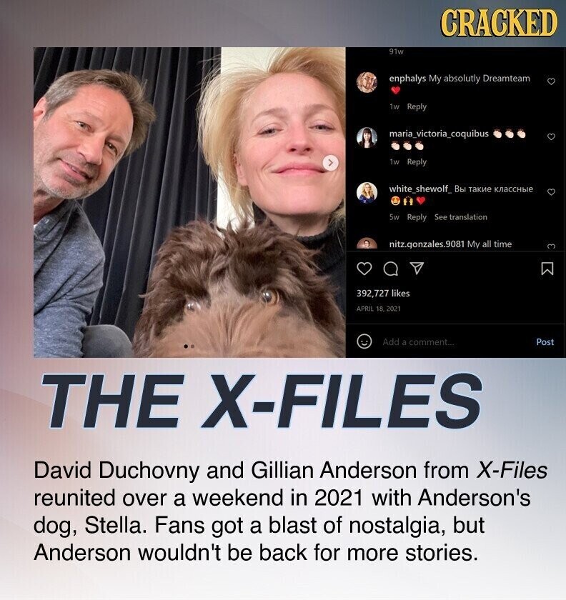 CRACKED 91w enphalys My absolutly Dreamteam 1w Reply maria_victoria_coquibus 1w Reply white_shewolf_ Вы такие классные Sw Reply See translation nitz.gonzales.9081 My all time 3 392,727 likes APRIL 18 2021 Add a comment... Post THE X-FILES David Duchovny and Gillian Anderson from X-Files reunited over a weekend in 2021 with Anderson's dog, Stella. Fans got a blast of nostalgia, but Anderson wouldn't be back for more stories.