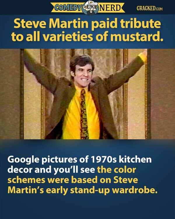 COMEDY NERD CRACKED.COM Steve Martin paid tribute to all varieties of mustard. Google pictures of 1970s kitchen decor and you'll see the color schemes were based on Steve Martin's early stand-up wardrobe.