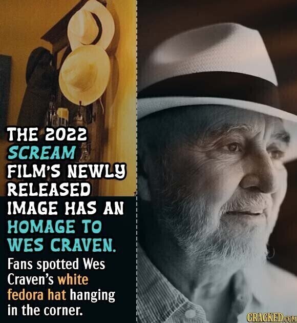 THE 2022 SCREAM FILM'S NEWLY RELEASED IMAGE HAS AN HOMAGE TO WES CRAVEN. Fans spotted Wes Craven's white fedora hat hanging in the corner. CRACKED.COM