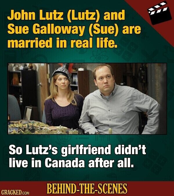 John Lutz (Lutz) and Sue Galloway (Sue) are married in real life. So Lutz's girlfriend didn't live in Canada after all. BEHIND-THE-SCENES CRACKED.COM
