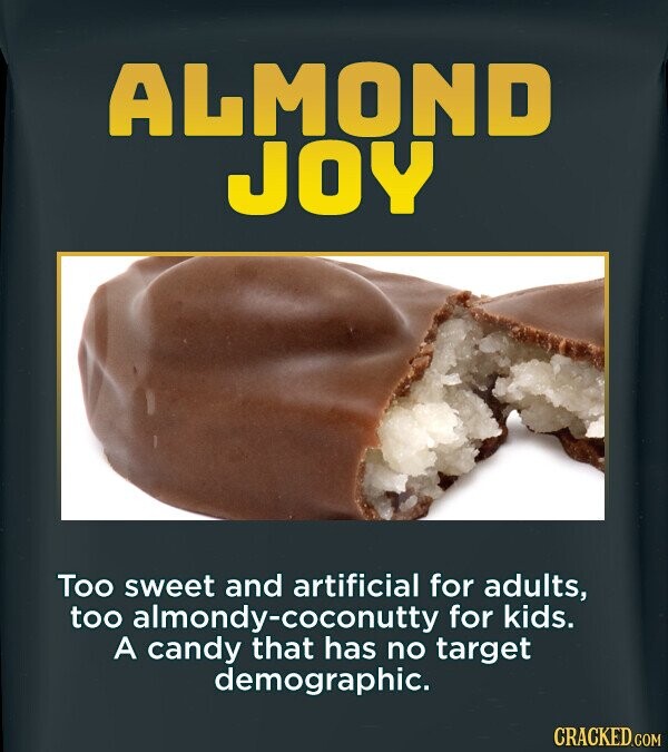 ALMOND JOY Too sweet and artificial for adults, too almondy-coconutty for kids. A candy that has no target demographic. CRACKED.COM