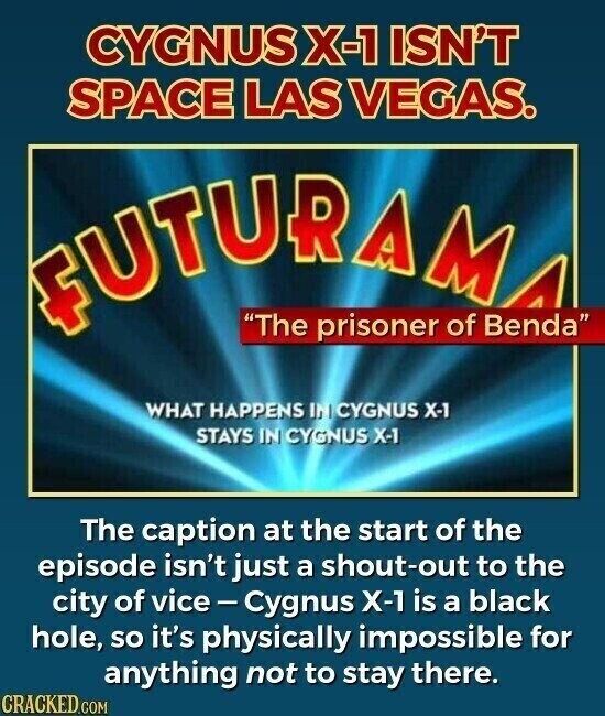 CYGNUS X-1 ISN'T SPACE LAS VEGAS. FUTURAMA The prisoner of Benda WHAT HAPPENS IN CYGNUS X-1 STAYS IN CYGNUS X-1 The caption at the start of the episode isn't just a shout-out to the city of vice-Cygnus X-1 is a black hole, so it's physically impossible for anything not to stay there. CRACKED.COM