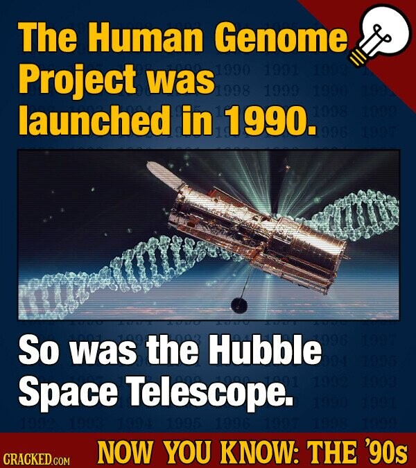 The Human Genome Project was 1990 1991 1992 1998 1999 1990 launched in 19 1990. 1998 1999 996 1997 So was LOVE the Hubble 996 1997 1995 Space Telescope. 1992 1993 1990 1991 199 1993 1994 1995 1996 1997 1998 1999 NOW YOU KNOW: THE '90s CRACKED.COM