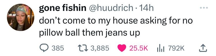 gone fishin @huudrich - 14h don't come to my house asking for no pillow ball them jeans up 385 3,885 25.5K 792K
