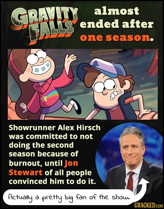 almost GRAVITY ended after FALLS one season. Showrunner Alex Hirsch was committed to not doing the second season because of burnout, until Jon Stewart of all people convinced him to do it. Actually a pretty big fan of the show. CRACKED.COM