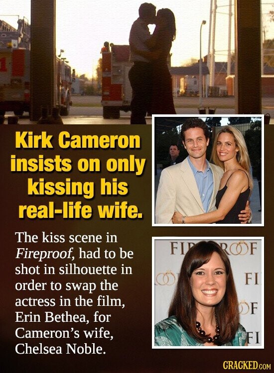 Kirk Cameron insists on only kissing his real-life wife. The kiss scene in FI ROOF Fireproof, had to be shot in silhouette in FI order to swap the actress in the film, OF Erin Bethea, for Cameron's wife, FI Chelsea Noble. CRACKED.COM