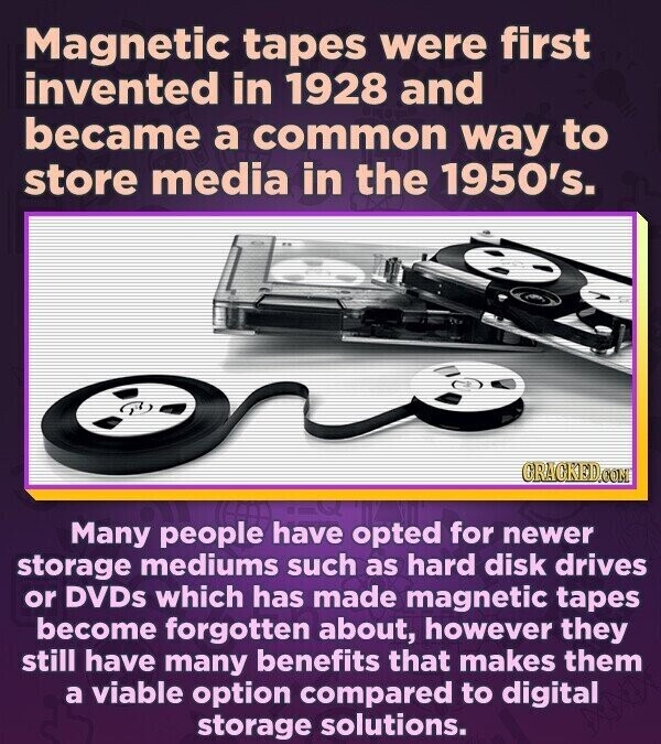 Magnetic tapes were first invented in 1928 and became a common way to store media in the 1950's. GRACKED.COM Many people have opted for newer storage mediums such as hard disk drives or DVDs which has made magnetic tapes become forgotten about, however they still have many benefits that makes them a viable option compared to digital storage solutions.