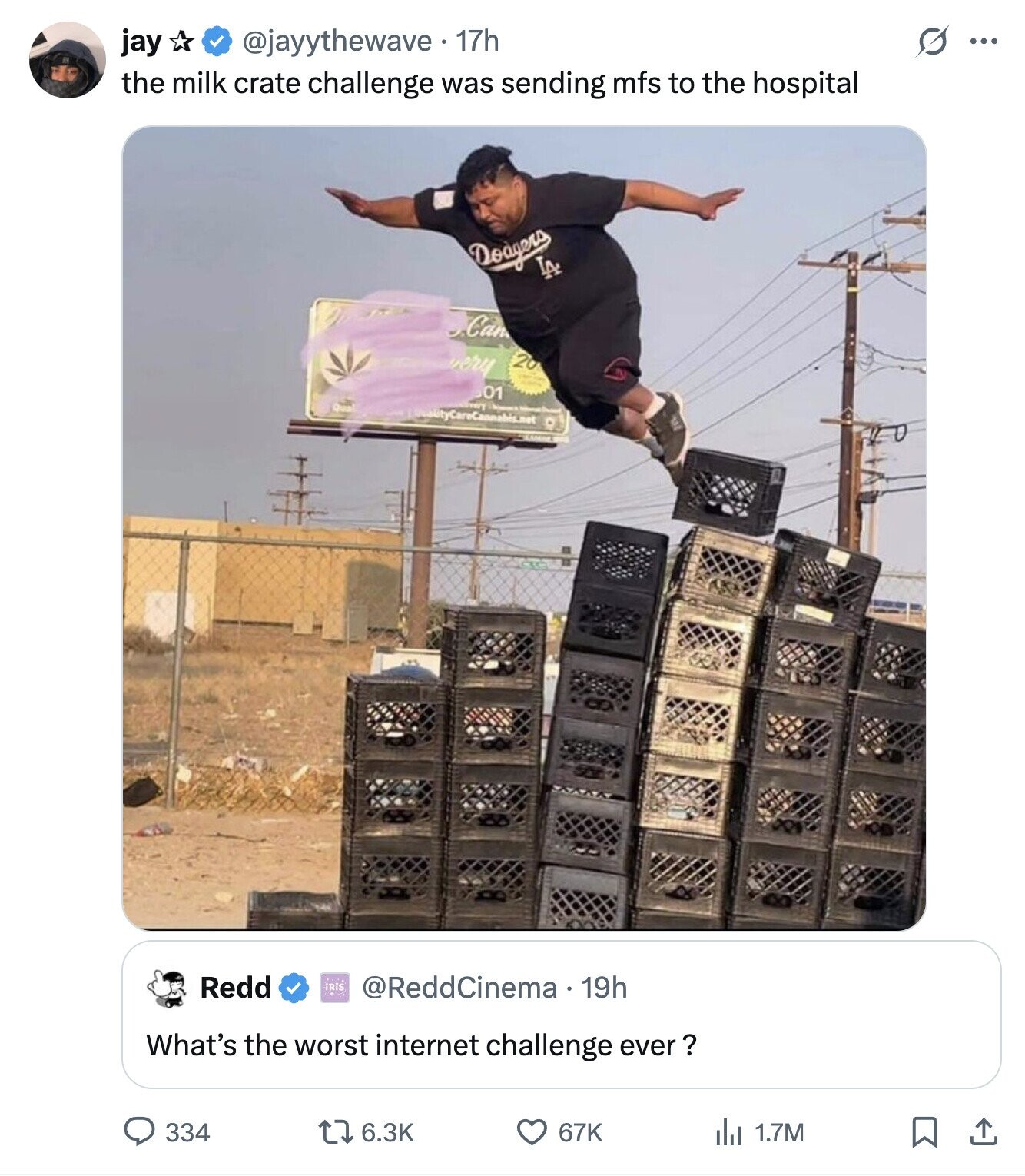 O jay @jayythewave 17h ... the milk crate challenge was sending mfs to the hospital Dodgers LA Can very 20 01 may QualityCareCannabis.net Redd IRIS @ReddCinema 19h What's the worst internet challenge ever ? 334 6.3K 67K del 1.7M 