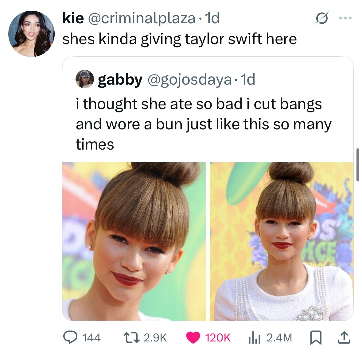 kie @criminalplaza 1d ... shes kinda giving taylor swift here gabby @gojosdaya- 1d i thought she ate so bad i cut bangs and wore a bun just like this so many times S ACE 144 2.9K 120K dal 2.4M 