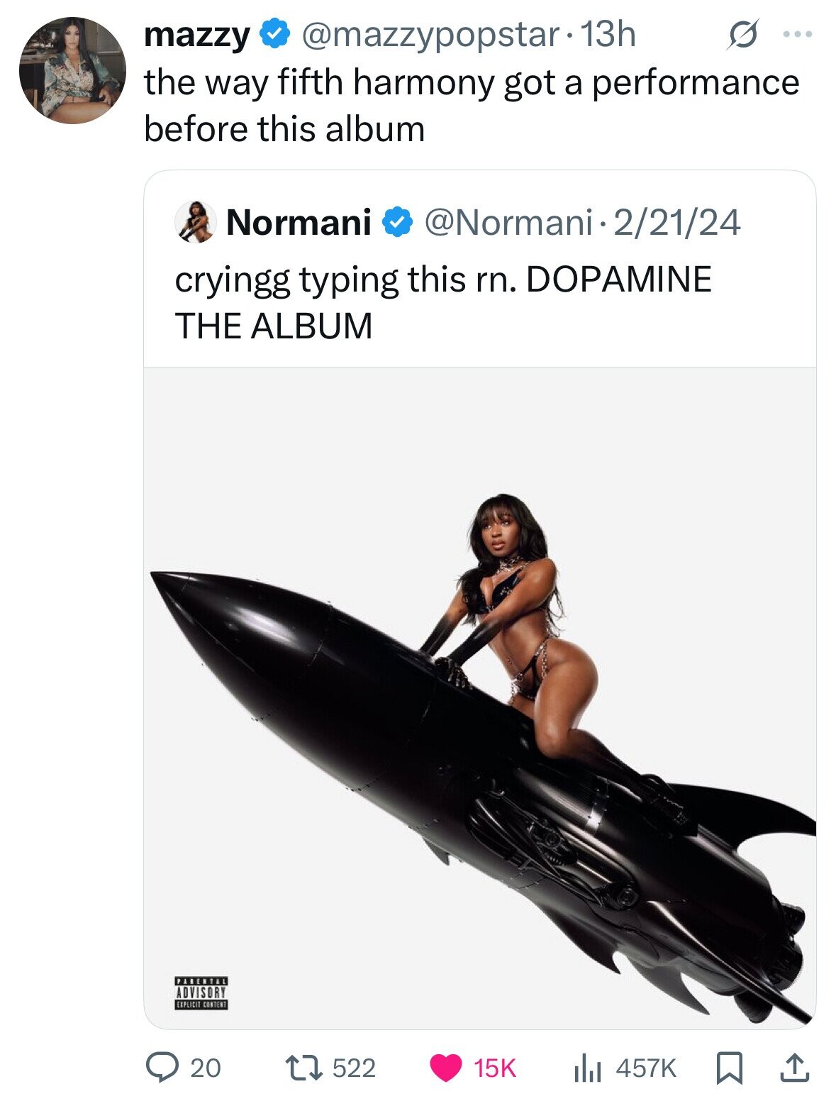 @mazzypopstar• 13h S ... mazzy the way fifth harmony got a performance before this album Normani @Normani-2/21/24 cryingg typing this rn. DOPAMINE THE ALBUM PARENTAL ADVISORY EXPLICIT CONTENT 20 457K 522 15K 