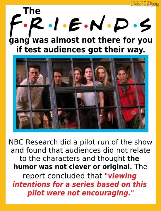CRACKED.COM The F.R.I.E.N.D.S gang was almost not there for you if test audiences got their way. NBC Research did a pilot run of the show and found that audiences did not relate to the characters and thought the humor was not clever or original. The report concluded that viewing intentions for a series based on this pilot were not encouraging.