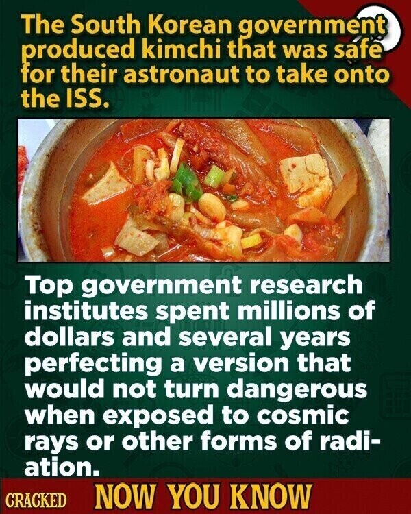 The South Korean government produced kimchi that was safe for their astronaut to take onto the ISS. Top government research institutes spent millions of dollars and several years perfecting a version that would not turn dangerous when exposed to cosmic rays or other forms of radi- ation. CRACKED NOW YOU KNOW