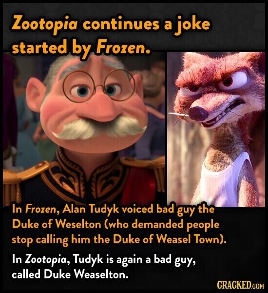 Zootopia continues a joke started by Frozen. In Frozen, Alan Tudyk voiced bad guy the Duke of Weselton (who demanded people stop calling him the Duke of Weasel Town). In Zootopia, Tudyk is again a bad guy, called Duke Weaselton. CRACKED.COM