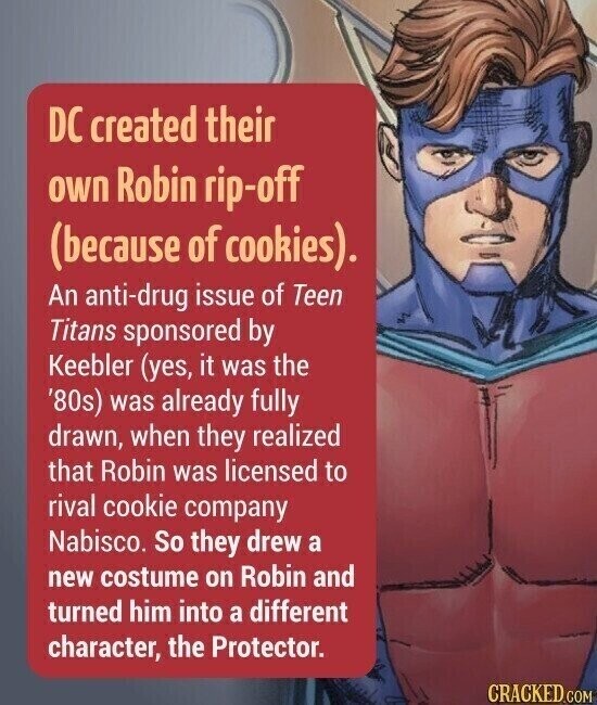 DC created their own Robin rip-off (because of cookies). An anti-drug issue of Teen Titans sponsored by Keebler (yes, it was the '80s) was already fully drawn, when they realized that Robin was licensed to rival cookie company Nabisco. So they drew a new costume on Robin and turned him into a different character, the Protector. CRACKED.COM