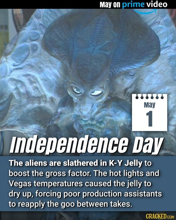 May on prime video May 1 Independence Day The aliens are slathered in K-Y Jelly to boost the gross factor. The hot lights and Vegas temperatures caused the jelly to dry up, forcing poor production assistants to reapply the goo between takes. CRACKED.COM