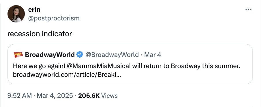 erin ... @postproctorism recession indicator - BroadwayWorld @BroadwayWorld . Mar 4 Here we go again! @MammaMiaMusical will return to Broadway this summer. broadwayworld.com/article/Breaki... 9:52 AM Mar 4, 2025 206.6K Views